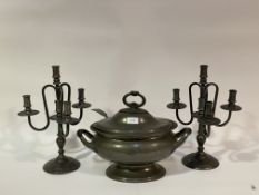 A pair of French pewter four branch candelabra, (H38cm) together with a pewter soup tureen and