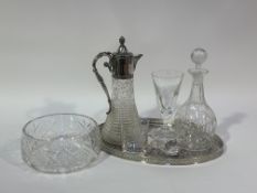 An art nouveau style plated top claret jug (h-30cm), a plated drinks tray marked Barker Ellis Made
