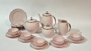 An Epiag Czechaslovakia China pink and silver part tea service comprising, a tea pot (h-17.5cm),