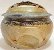 Rowena Kinsman, salt glazed stoneware studio pottery lidded container, the handle modelled as a crab