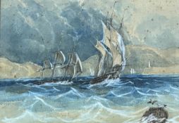 Unknown artist, Three mastered ships at sea scene, watercolour and pencil, initialled A.B bottom