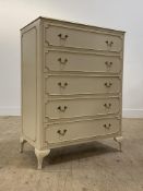 A French style cream and parcel gilt five drawer chest, raised on bracket supports. H103cm, W78cm,