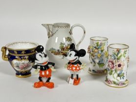 A collection of 19thc ceramics including a pair of Spode china cylinder spill vases with bird and