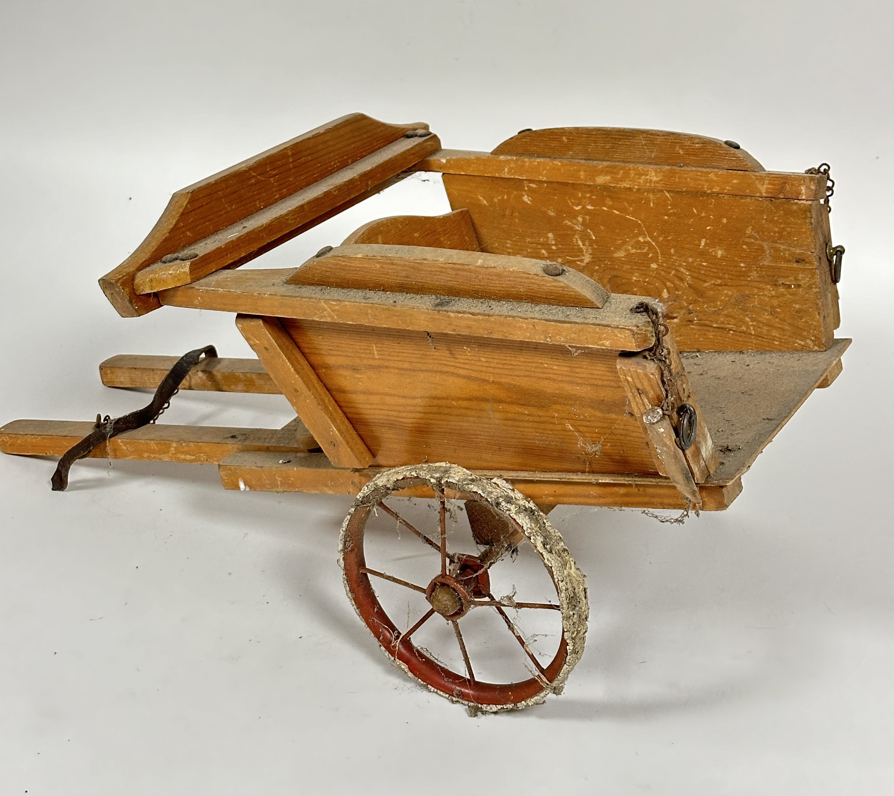 A early 20thc  pine child miniature toy horse cart, with wire spoked wheels, (H x 30 cm x L 62 cm