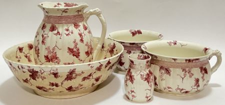 A Ridgways 'Bordeaux' pattern wash set comprising two chamber pots (h- 14.5cm, w- 27cm), a jug and b