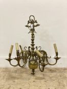 A 1940's brass Dutch style six branch chandelier, of scrolling form. H70cm.