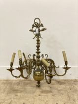 A 1940's brass Dutch style six branch chandelier, of scrolling form. H70cm.