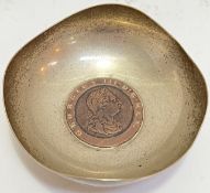 A Birmingham hallmarked silver pin dish/ash tray inset with 1797 George III coin (h- 4cm, w- 10cm)