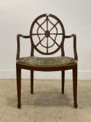 A late 18th century elm elbow chair, the wheel back centred by inlaid boxwood paterae, above