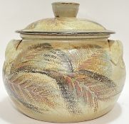 A large studio pottery stoneware bread crock with design of ferns, and pulled handles to side (a/f,