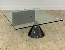 A modern square plate glass topped coffee table on black marble base and conical column. H38cm,