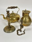 A group of brass to include, a heavy cast brass candle stick on stepped base, (H x 21.5 cm),