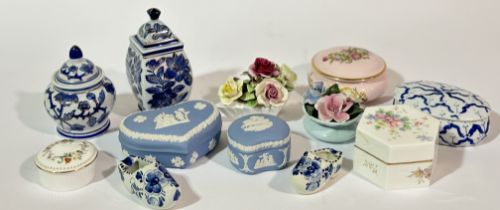 A mixed group comprising, a Wedgewood blue Jasperware heart shaped box and cover (w-13cm h-5cm), a