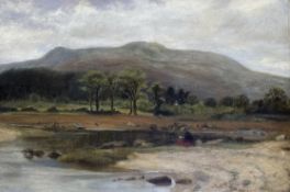 J.B Abercrombie (Scottish 1843-1929, Highland Loch scene, with a woman seated to background,