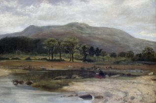 J.B Abercrombie (Scottish 1843-1929, Highland Loch scene, with a woman seated to background,