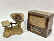 A Pye vintage walnut veneer radio set, and a set of scales with brass pannier and set of cast iron