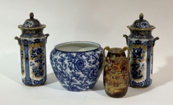 A pair of Bourbon Losol Ware decorative twin handled tall vases with cover (h-33cm), a Keeling