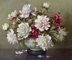 Nesta Warren (Welsh), Still Life of Peonies in a vase, oil on canvas, signed bottom left in a gilt