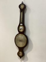 A 19th century mercury barometer and thermometer in a rosewood banjo pattern case, with spirit