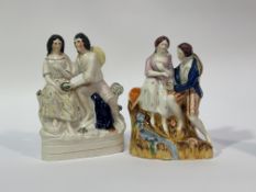 A group of two 19thc Staffordshire flatback couple figurines one of a seated courting couple, the