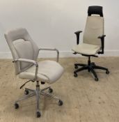 Two modern office chairs, one with cream leather style back and seat on chrome fie prong support and