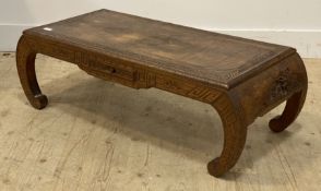 A Chinese rectangular hardwood carved scroll end low table on inverted splay supports. H33cm,