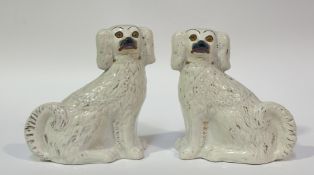 A pair of Victorian Staffordshire porcelain wally dogs. (crack to neck to one) (h-22.5cm w-19cm) (