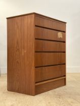 A mid century teak veneered chest of five graduated drawers H92cm, W77cm, D46cm.