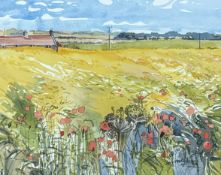 Susan MacColl, Poppy field scene, watercolour, signed and dated '95 bottom right, in a wooden