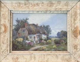 Noel smith, (British 19thc), A Summer Country Cottage scene with mother and daughter to
