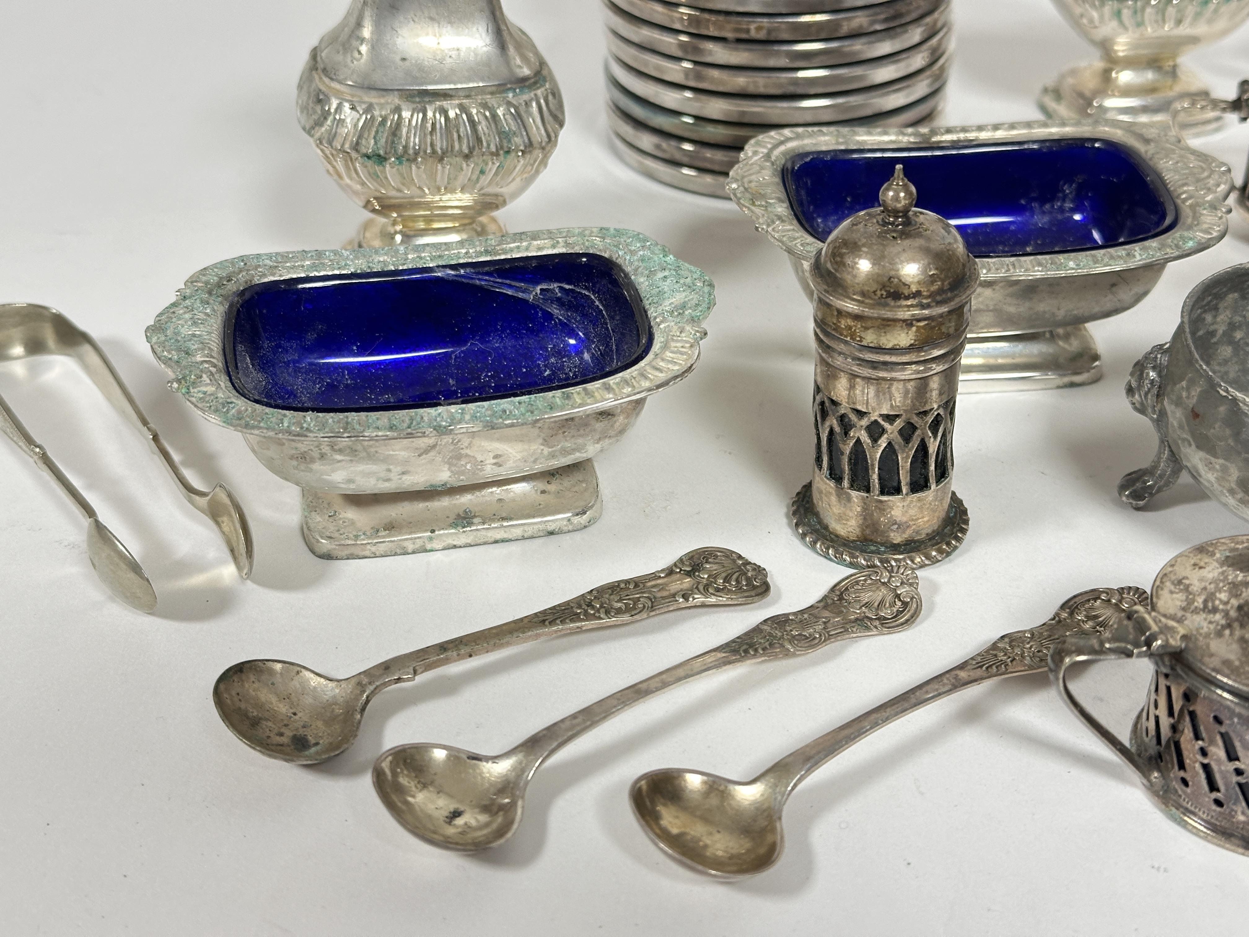 A collection of condiments including a London silver pepperette on paw feet, three Epns - Image 2 of 3