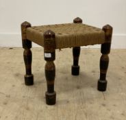 A Victorian hardwood stool, the woven string seat raised on sturdy turned supports with traces of