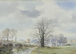 Unknown Artist, Countryside scene with house to background, watercolour, in a gilt composition