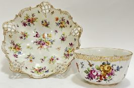 A Continental Dresden porcelain Rococo style dish with enamelled floral decoration and pierced/gilt