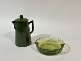 A green glass decorative bowl (w-15.5cm) and a forest green pottery coffee pot with cover (h-18.5cm)