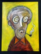 Signed indistinctly, abstract impression of a man smoking a pipe on a yellow background, oil on
