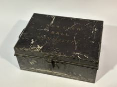 A black tin inscribed to top New Club Ball Committee, containing green cloth bags of various