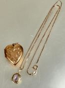 A 9ct gold box link chain necklace with 9ct gold amethyst pendant, L x25cm and a 9ct gold face and