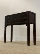 A Chinese stained hardwood sideboard, late 20th century, the panelled top over three short and two