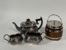 A Epns three piece half lobbed tea service and a 1920s oak Epns bound barrel ceramic lined ice