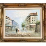 Caroline Burnett, French Street Scene, oil on canvas, signed bottom right, in a gilt composition