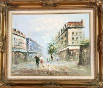 Caroline Burnett, French Street Scene, oil on canvas, signed bottom right, in a gilt composition