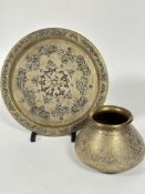 A late 19thc Middle Eastern style heavy brass black enamel and copper inlaid serving tray with and