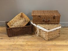 A Vintage Wicker lidded basket with natural linen lining, (W56cm) together with a lidded wicker