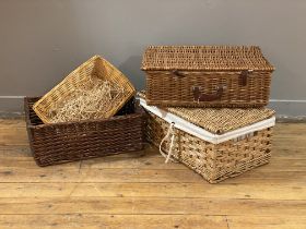 A Vintage Wicker lidded basket with natural linen lining, (W56cm) together with a lidded wicker