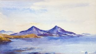 Unknown artist, seascape scene with hills to background, watercolour, initialled (CJ?)bottom