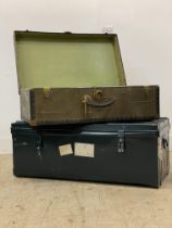 An early 20th century bound cabin trunk, (W78cm) together with a green tin trunk (90cm) (2)