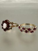 A 9ct gold seven stone ruby and diamond set alternating ring, P and a 9ct gold opal and garnet