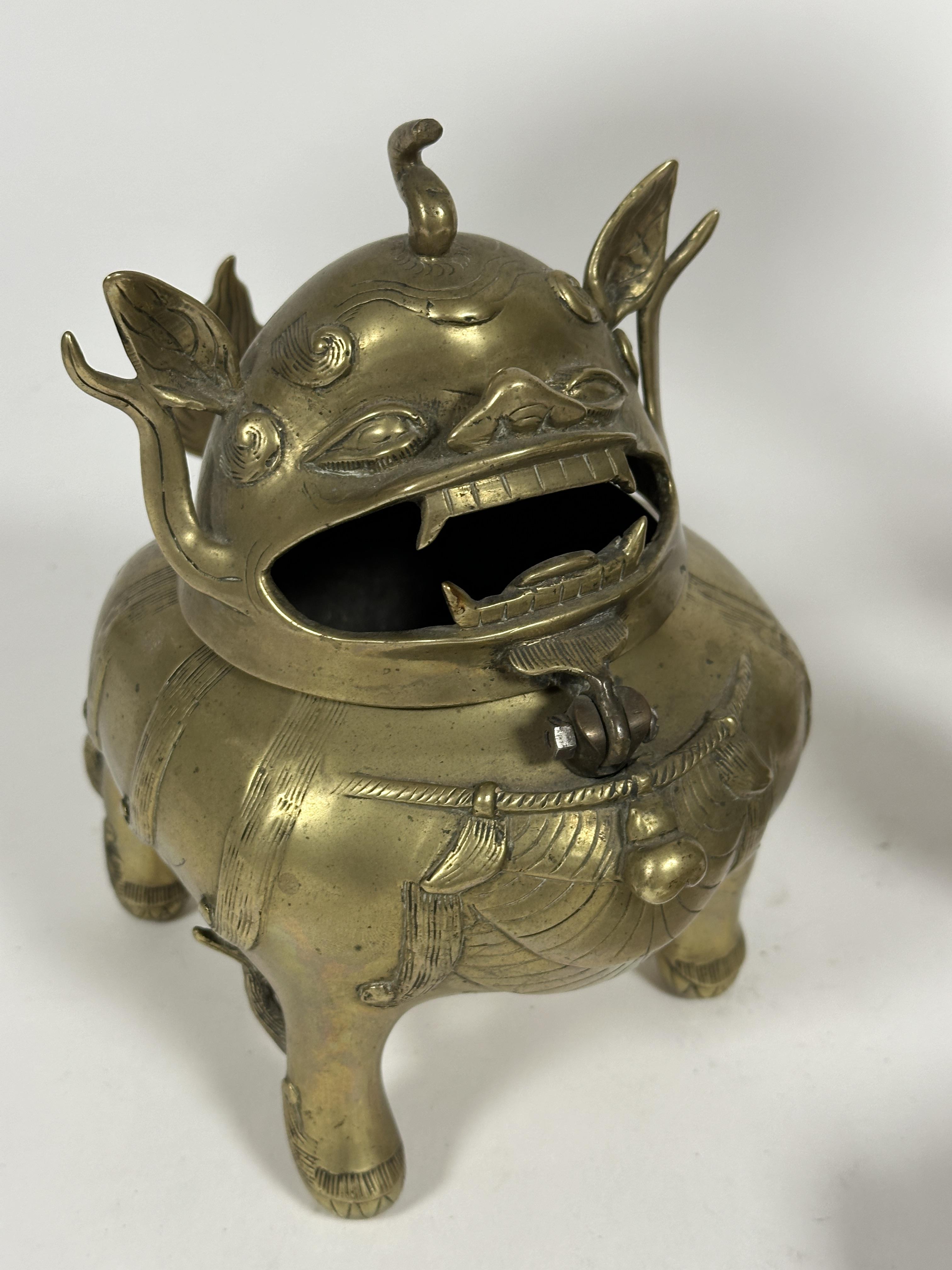 A Chines brass cast brass Fu incense burner with open mouth and hinged head  H x 20cm  D x 11cm, a - Image 2 of 6