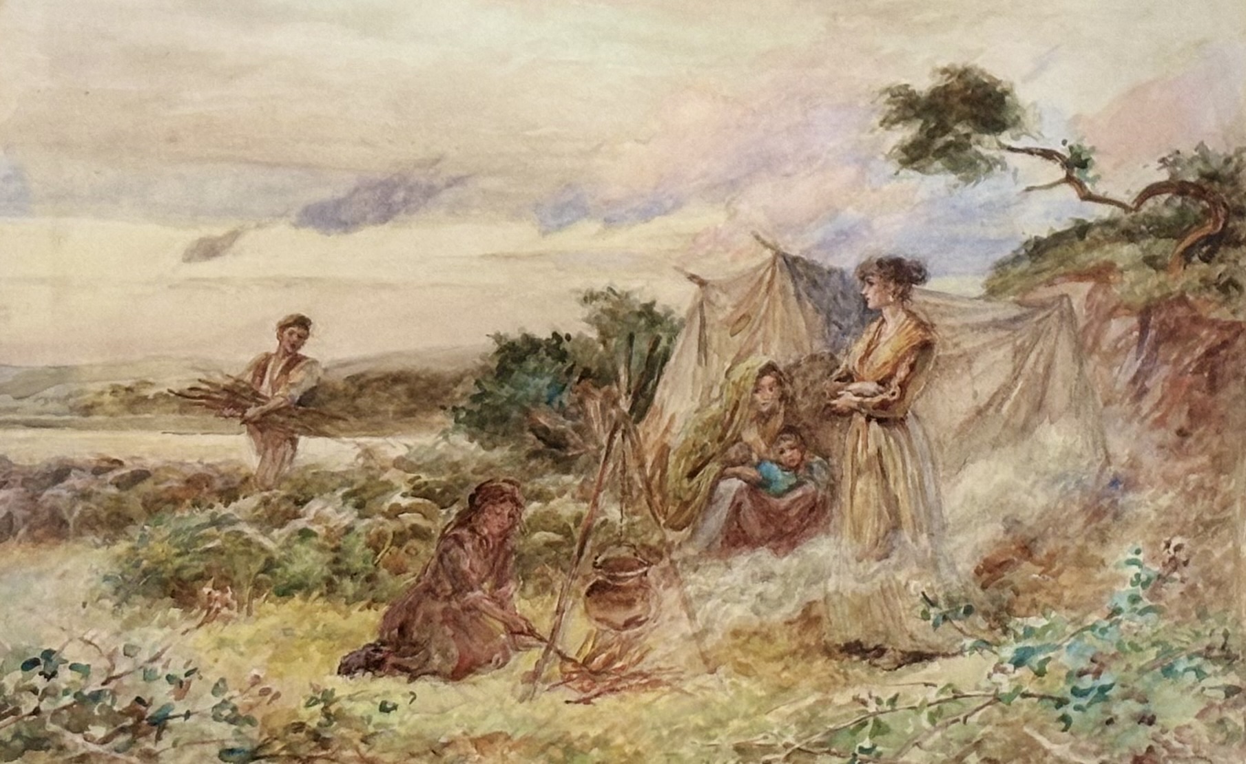 Unknown Artist, 20thc style gypsy countryside scene, watercolour, unsigned, dated 1900 bottom